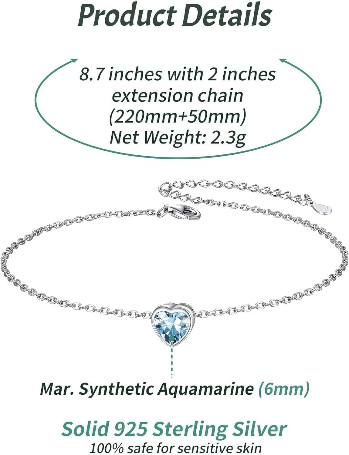 Bride Heart Birthstone Wedding Anklets Details: Dimensions, Hypoallergenic, Lobster-Claw-Clasps