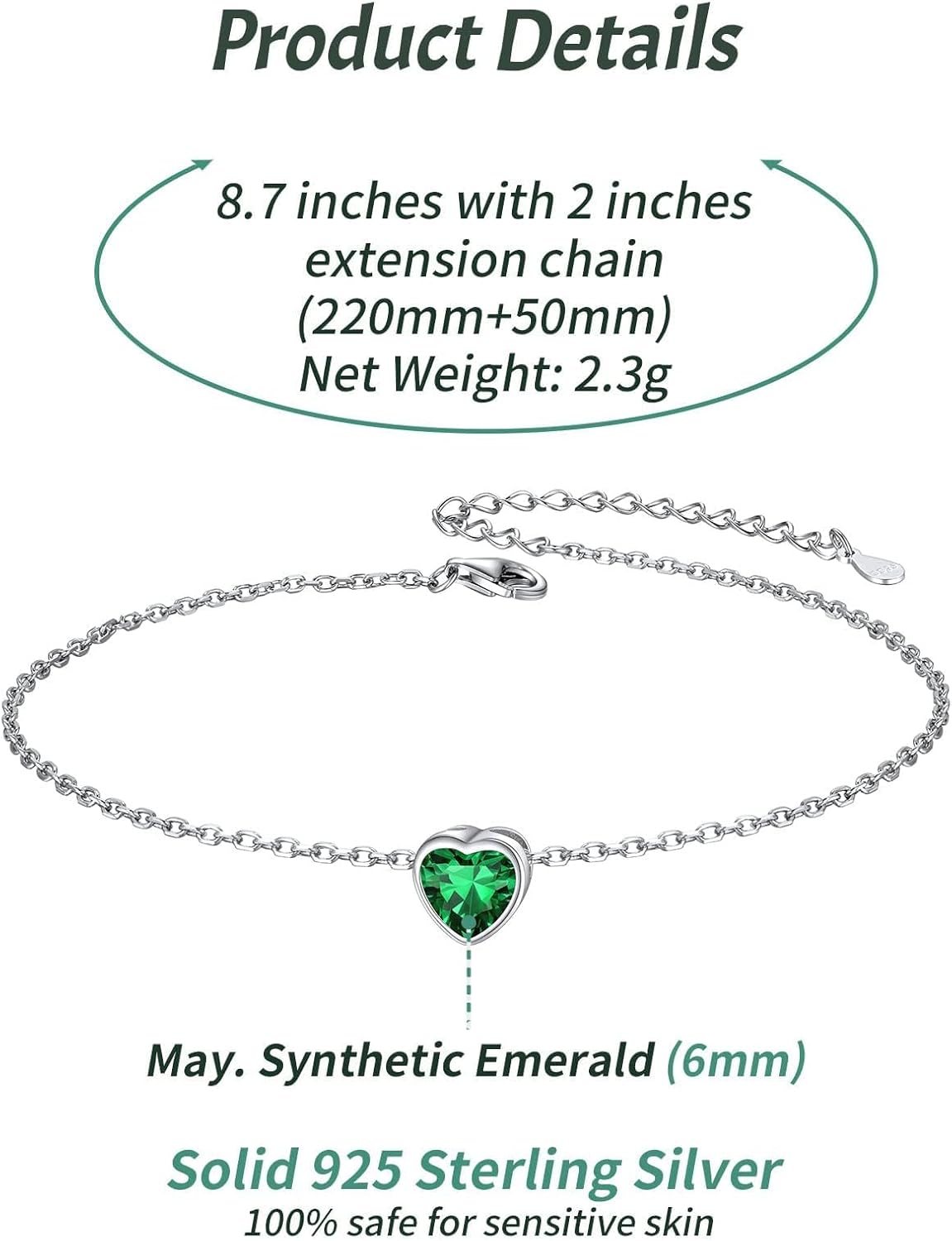 Bride Heart Birthstone Wedding Anklets Details: Dimensions, Hypoallergenic, Lobster-Claw-Clasps