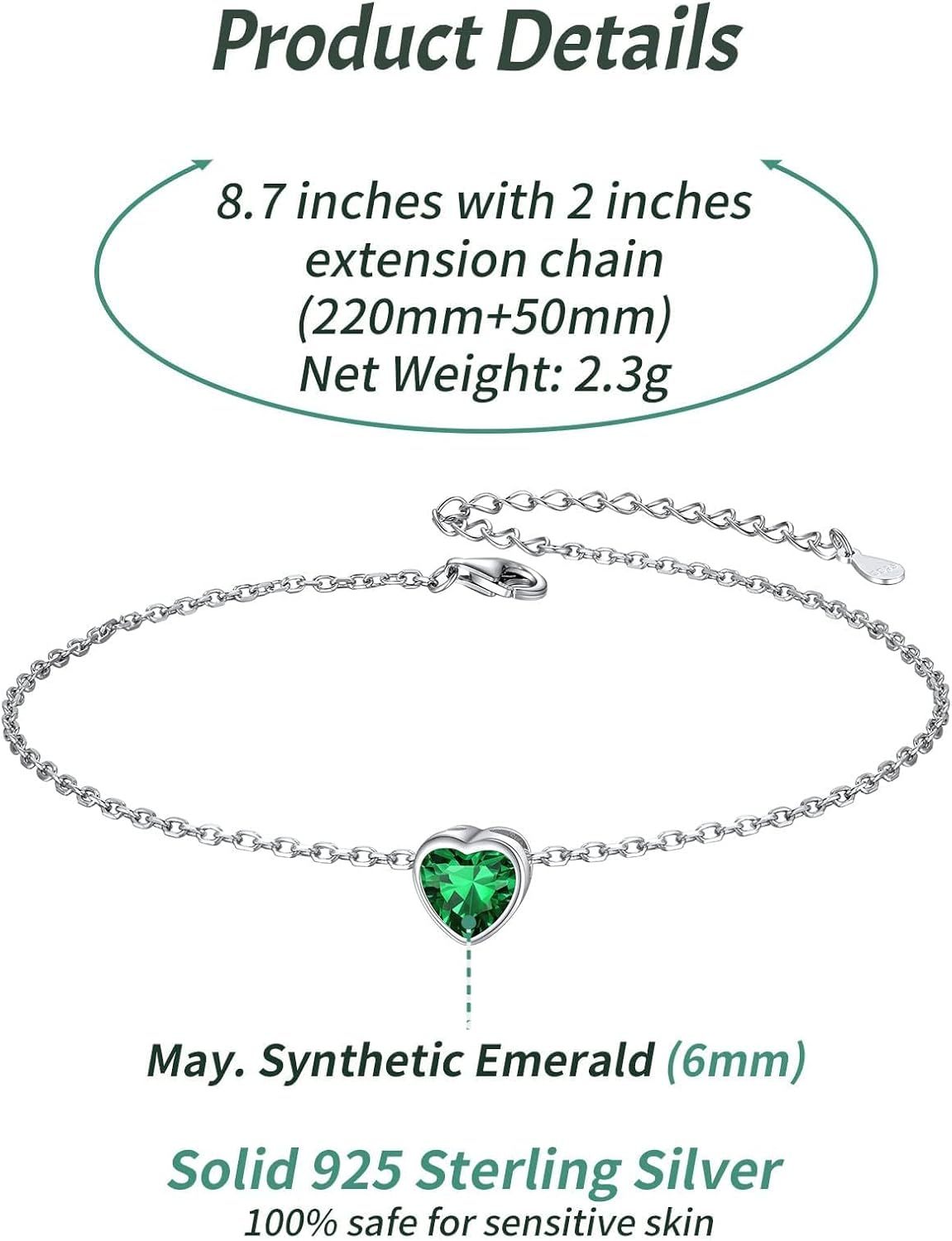 Bride Heart Birthstone Wedding Anklets Details: Dimensions, Hypoallergenic, Lobster-Claw-Clasps