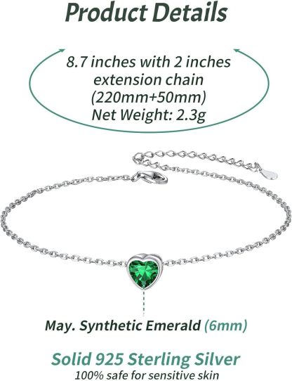 Bride Heart Birthstone Wedding Anklets Details: Dimensions, Hypoallergenic, Lobster-Claw-Clasps
