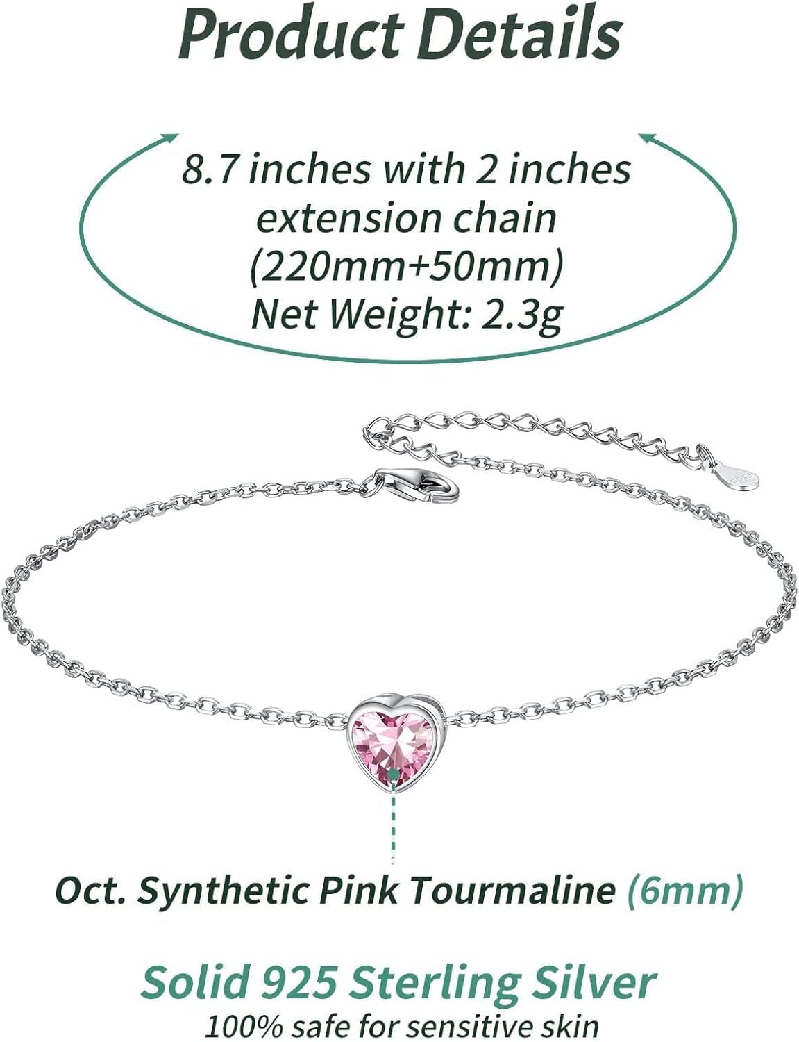 Bride Heart Birthstone Wedding Anklets Details: Dimensions, Hypoallergenic, Lobster-Claw-Clasps