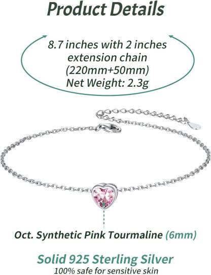Bride Heart Birthstone Wedding Anklets Details: Dimensions, Hypoallergenic, Lobster-Claw-Clasps