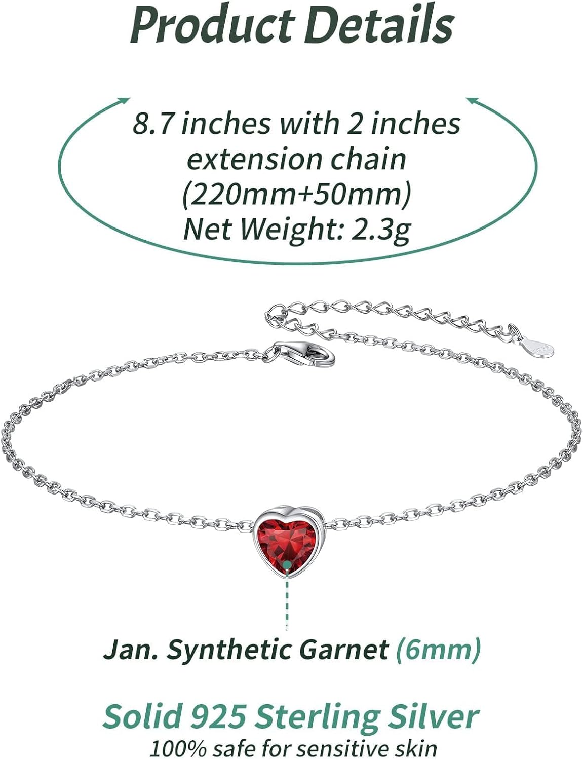 Bride Heart Birthstone Wedding Anklets Details: Dimensions, Hypoallergenic, Lobster-Claw-Clasps