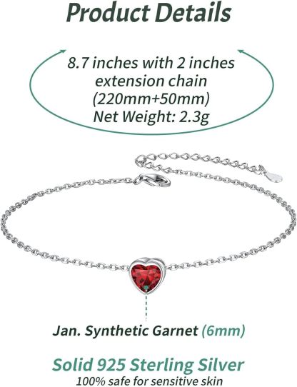 Bride Heart Birthstone Wedding Anklets Details: Dimensions, Hypoallergenic, Lobster-Claw-Clasps