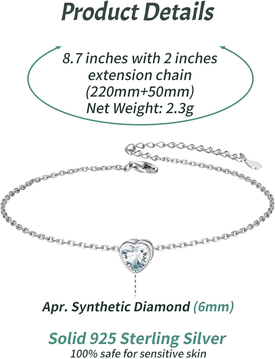 Bride Heart Birthstone Wedding Anklets Details: Dimensions, Hypoallergenic, Lobster-Claw-Clasps