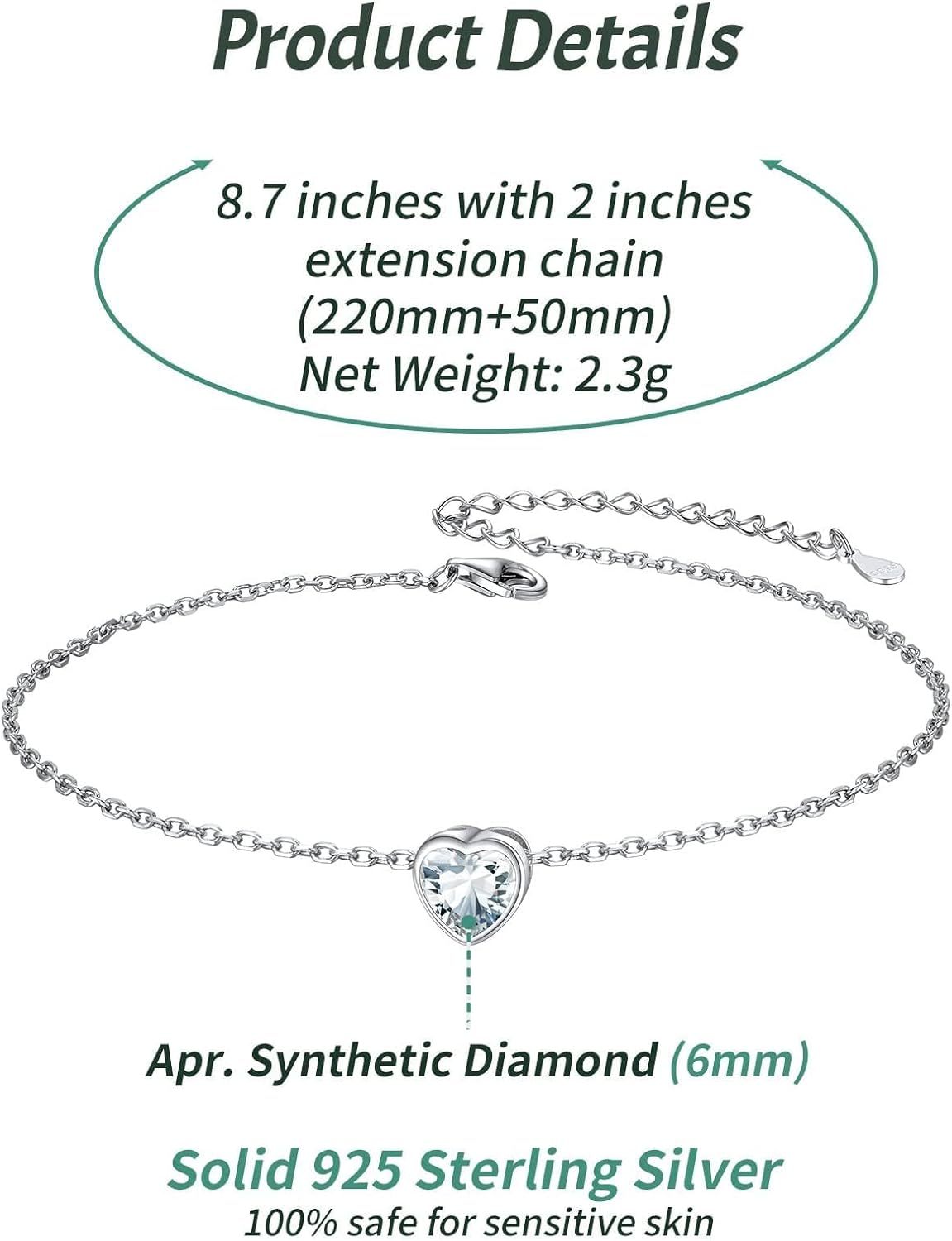 Bride Heart Birthstone Wedding Anklets Details: Dimensions, Hypoallergenic, Lobster-Claw-Clasps