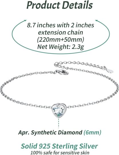Bride Heart Birthstone Wedding Anklets Details: Dimensions, Hypoallergenic, Lobster-Claw-Clasps