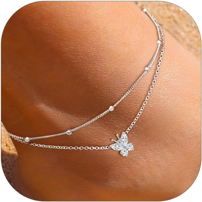 Adjustable Layered Butterfly Birthstone Anklet