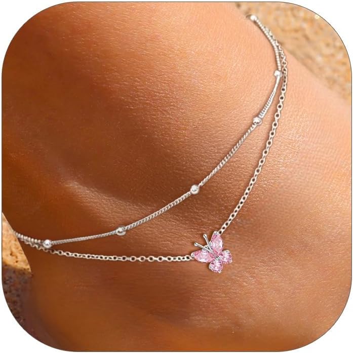 Adjustable Layered Butterfly Birthstone Anklet
