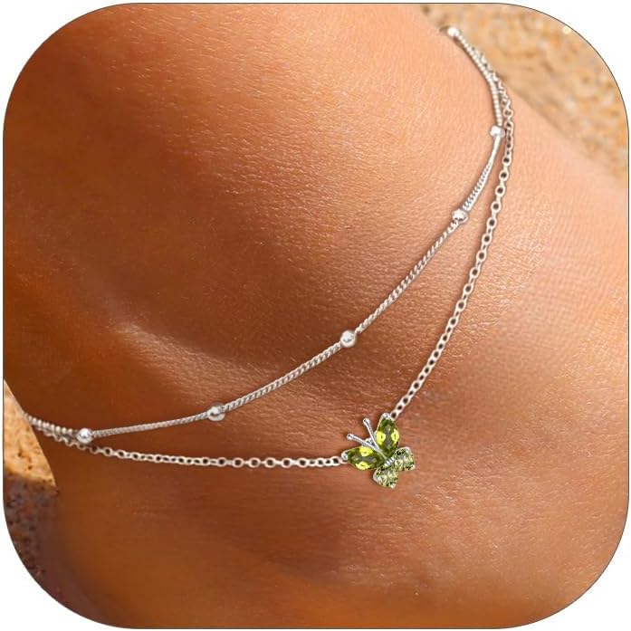 Adjustable Layered Butterfly Birthstone Anklet