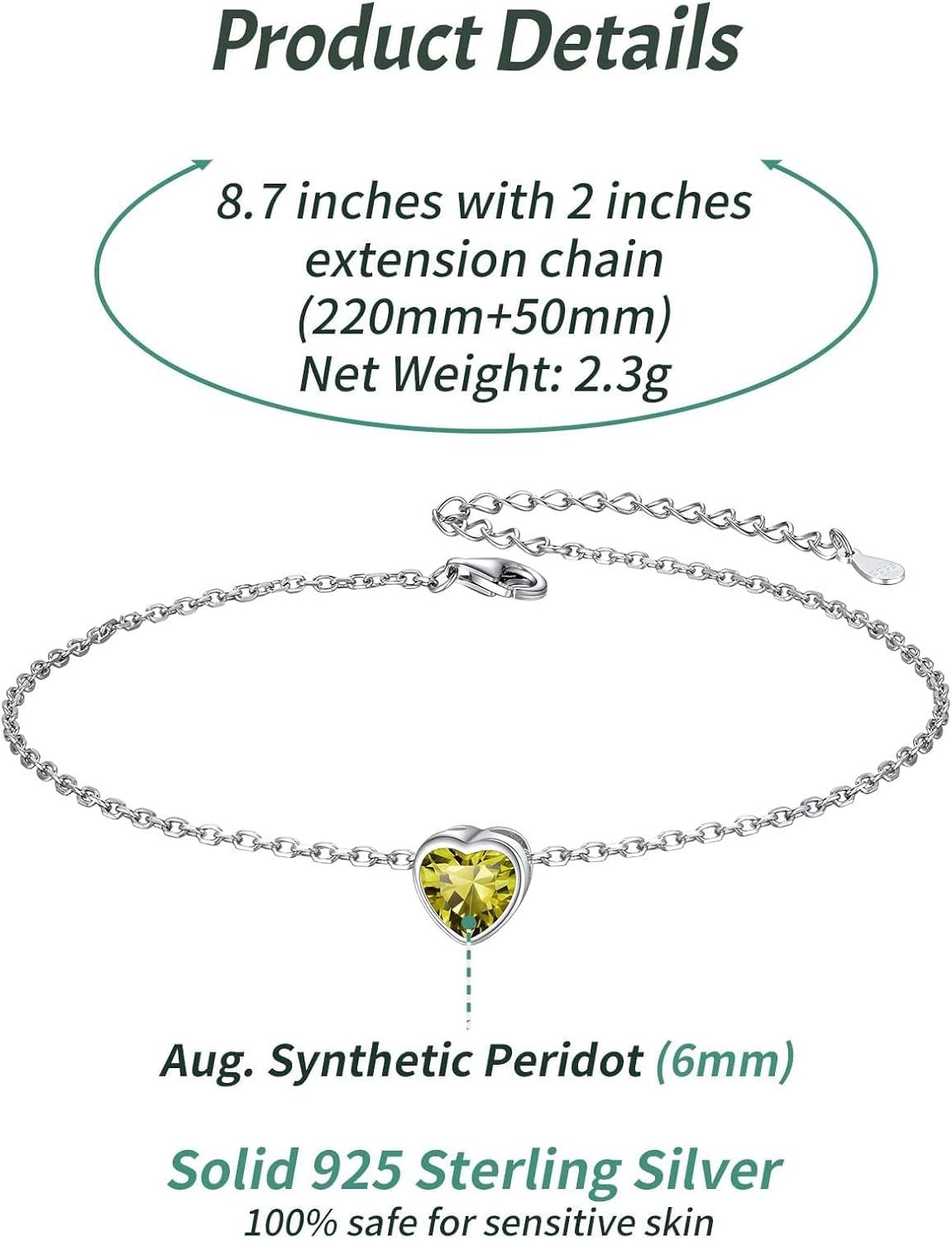 Bride Heart Birthstone Wedding Anklets Details: Dimensions, Hypoallergenic, Lobster-Claw-Clasps