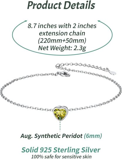 Bride Heart Birthstone Wedding Anklets Details: Dimensions, Hypoallergenic, Lobster-Claw-Clasps