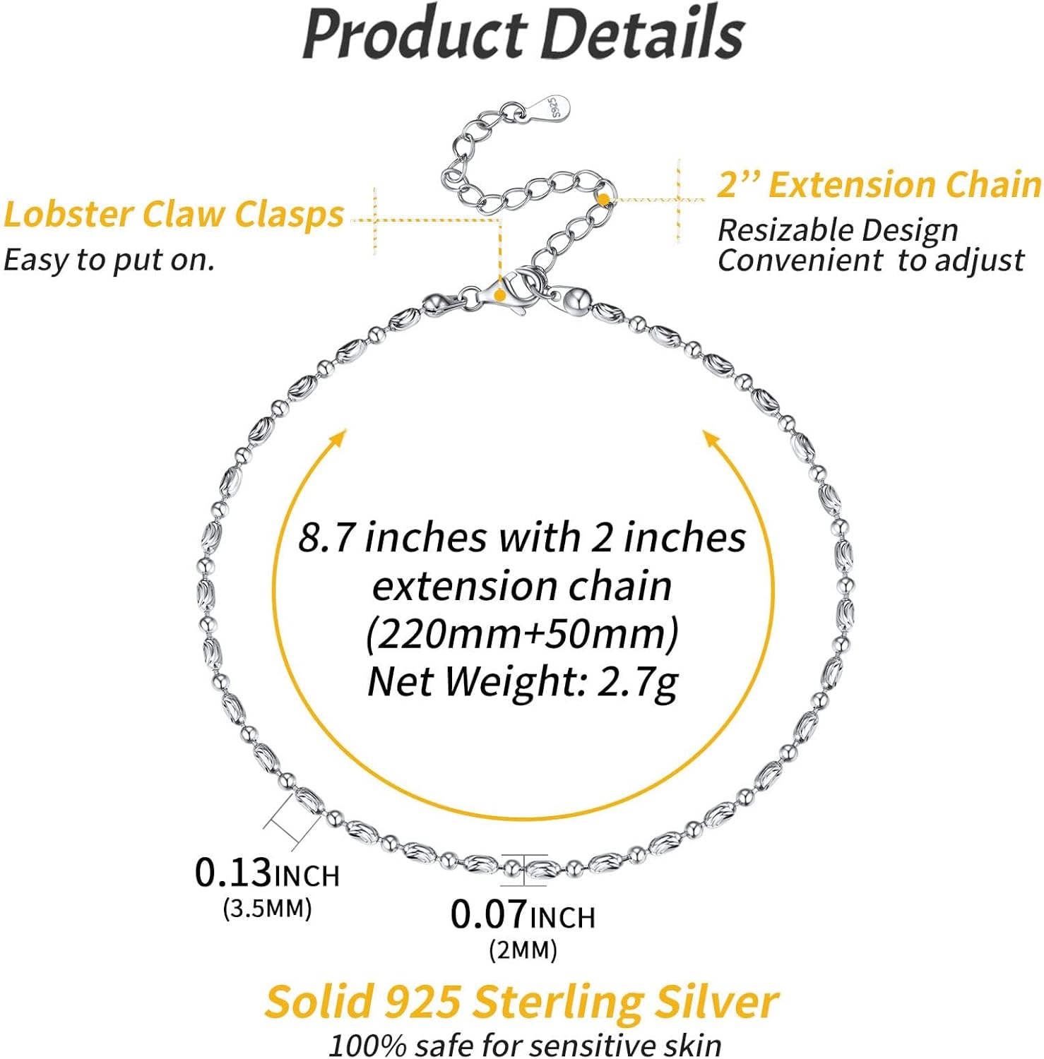 Simple Thin Oval and Round Bead Ball Chain Anklet Details: Dimensions, Hypoallergenic, Lobster-Claw-Clasps