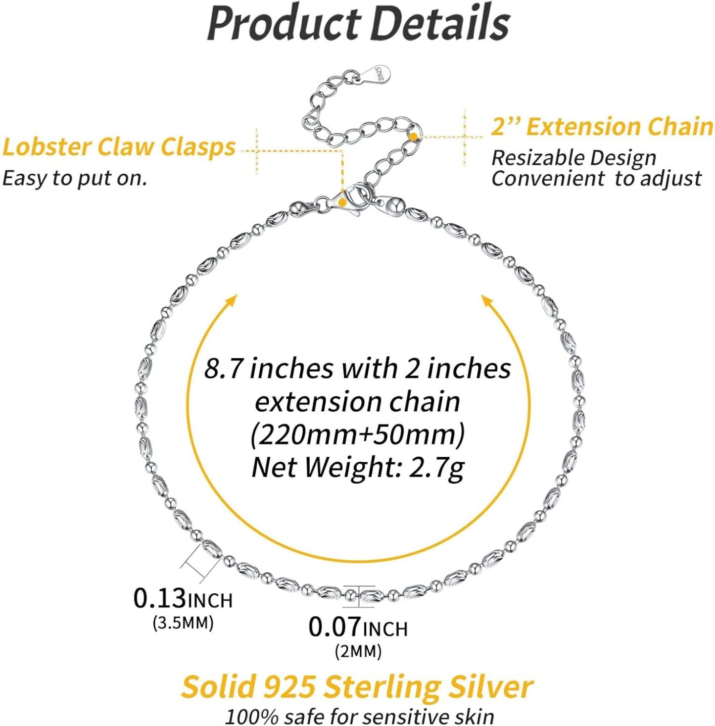 Simple Thin Oval and Round Bead Ball Chain Anklet Details: Dimensions, Hypoallergenic, Lobster-Claw-Clasps