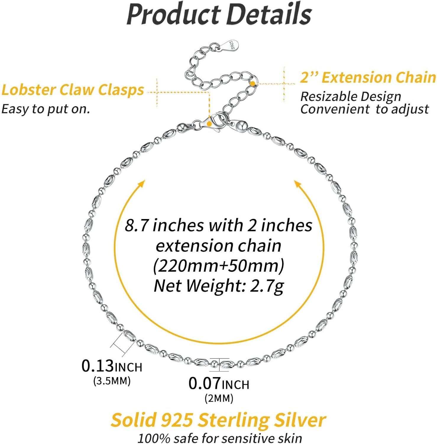 Simple Thin Oval and Round Bead Ball Chain Anklet Details: Dimensions, Hypoallergenic, Lobster-Claw-Clasps