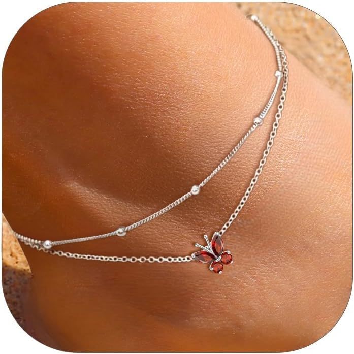 Adjustable Layered Butterfly Birthstone Anklet
