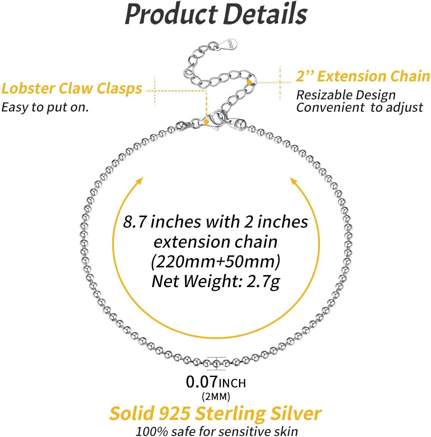 Round Bead Chain Anklets Details: Dimensions, Hypoallergenic, Lobster-Claw-Clasps