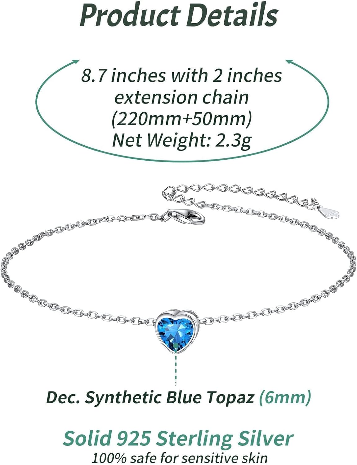 Bride Heart Birthstone Wedding Anklets Details: Dimensions, Hypoallergenic, Lobster-Claw-Clasps