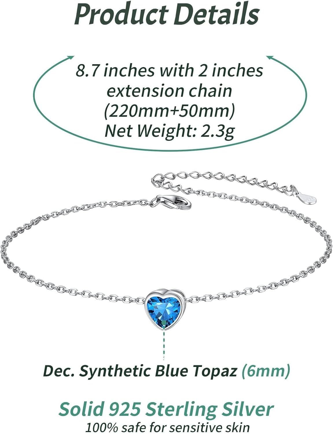 Bride Heart Birthstone Wedding Anklets Details: Dimensions, Hypoallergenic, Lobster-Claw-Clasps