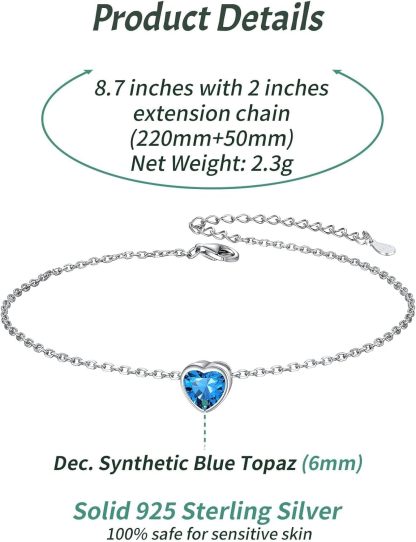 Bride Heart Birthstone Wedding Anklets Details: Dimensions, Hypoallergenic, Lobster-Claw-Clasps