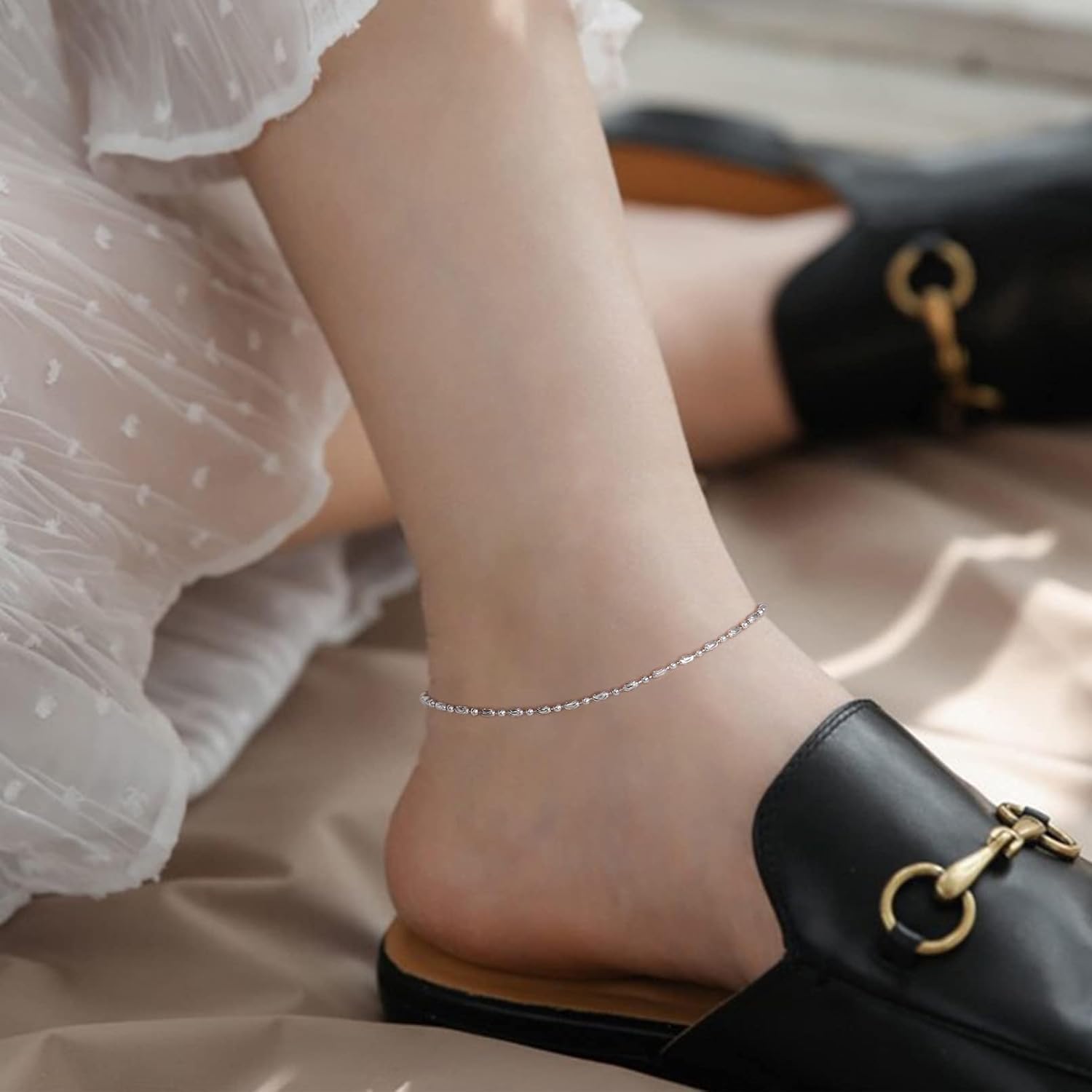 Simple Thin Oval and Round Bead Ball Chain Anklet for Women