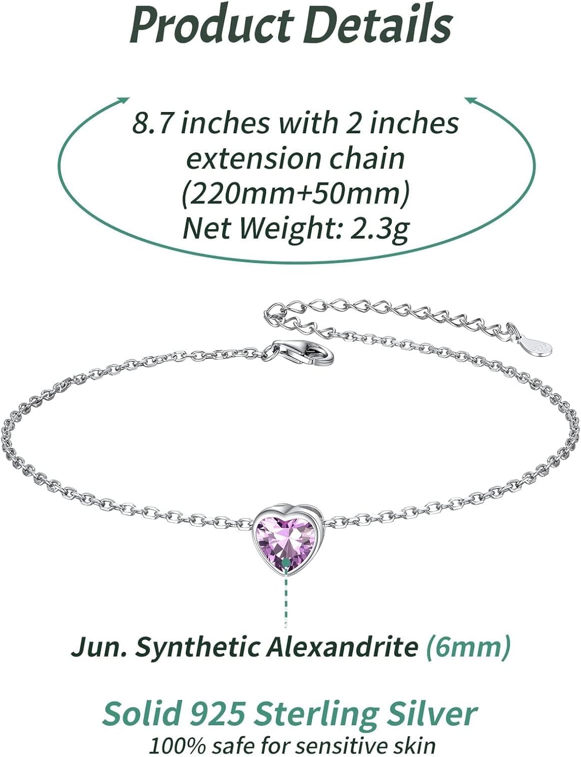 Bride Heart Birthstone Wedding Anklets Details: Dimensions, Hypoallergenic, Lobster-Claw-Clasps