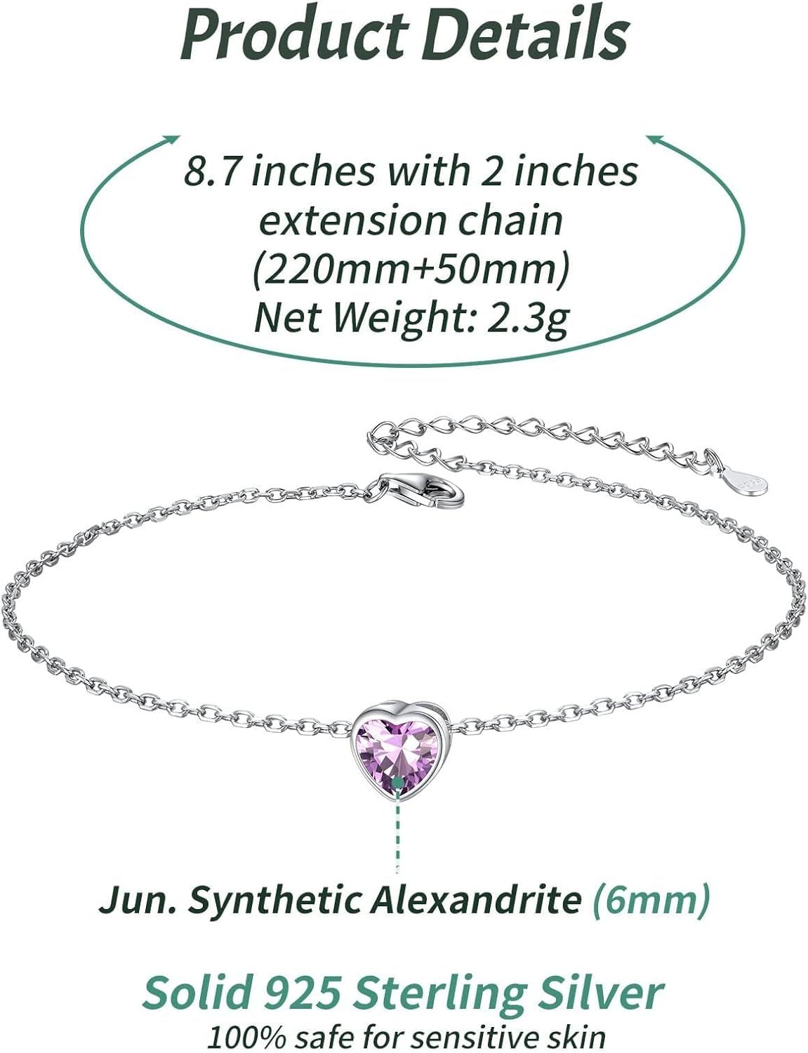 Bride Heart Birthstone Wedding Anklets Details: Dimensions, Hypoallergenic, Lobster-Claw-Clasps