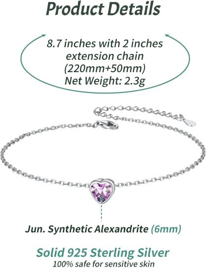 Bride Heart Birthstone Wedding Anklets Details: Dimensions, Hypoallergenic, Lobster-Claw-Clasps