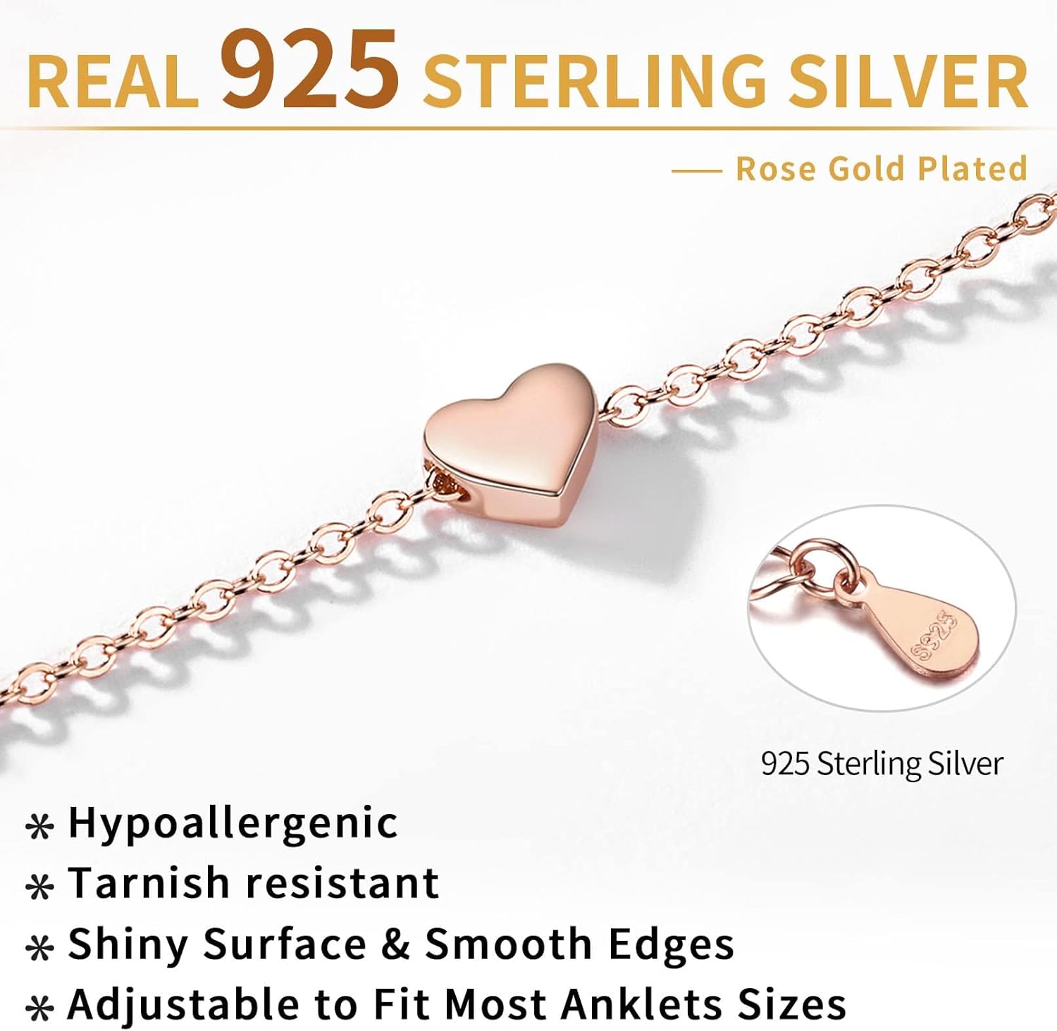 Rose Gold Dainty Heart Anklet for Women, sterling silver jewlery, heart jewelry, sterling silver anklet, gift idea