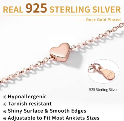 Rose Gold Dainty Heart Anklet for Women, sterling silver jewlery, heart jewelry, sterling silver anklet, gift idea
