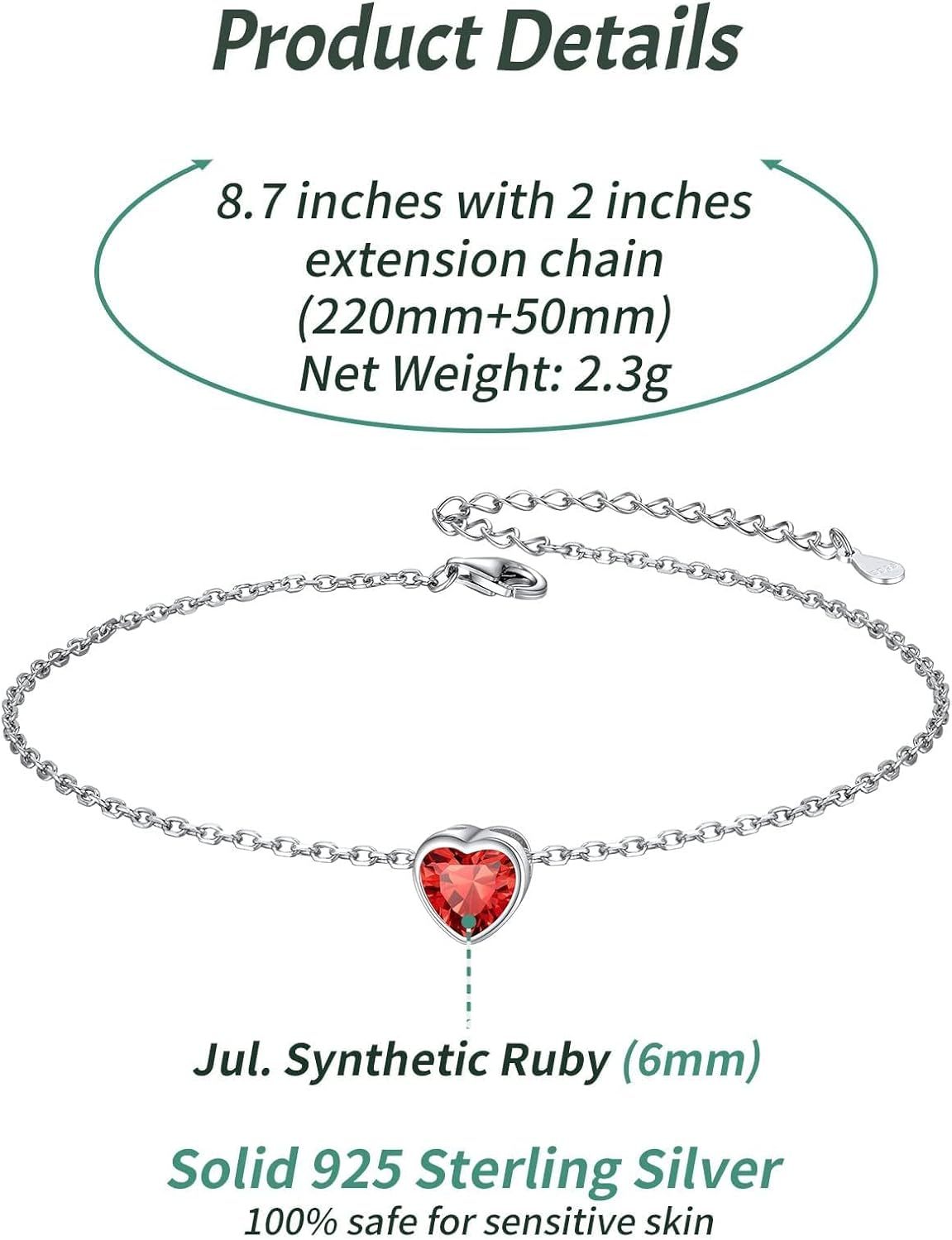 Bride Heart Birthstone Wedding Anklets Details: Dimensions, Hypoallergenic, Lobster-Claw-Clasps
