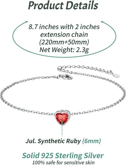 Bride Heart Birthstone Wedding Anklets Details: Dimensions, Hypoallergenic, Lobster-Claw-Clasps