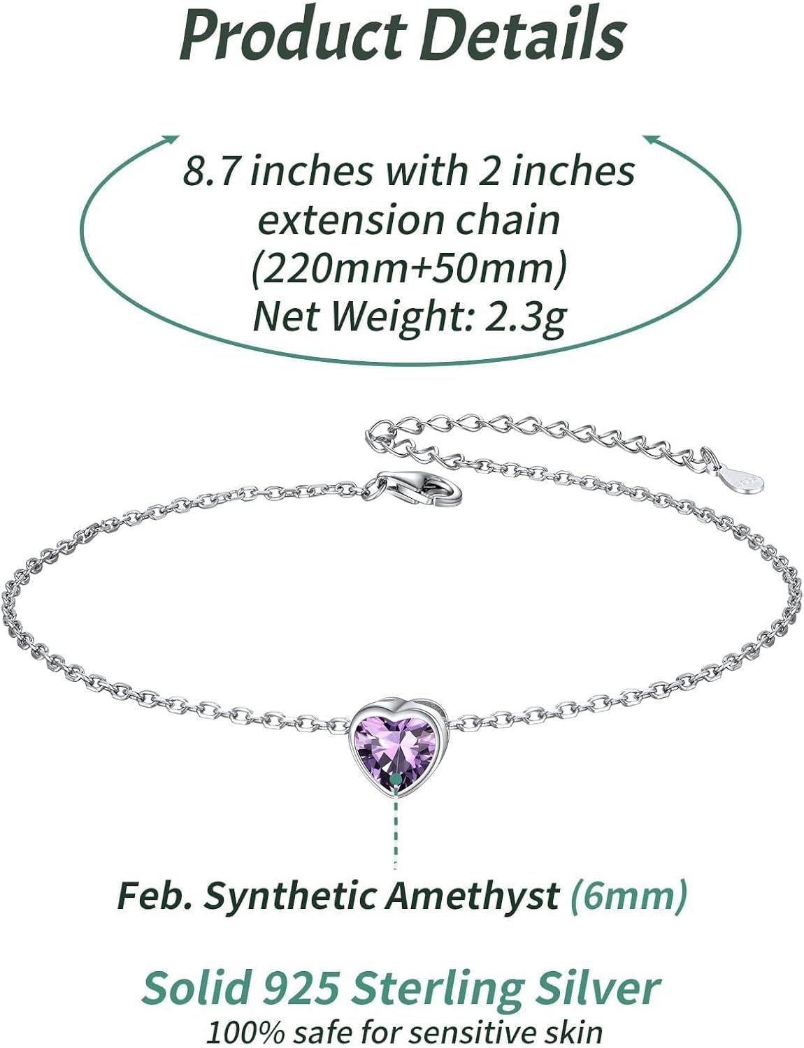 Bride Heart Birthstone Wedding Anklets Details: Dimensions, Hypoallergenic, Lobster-Claw-Clasps