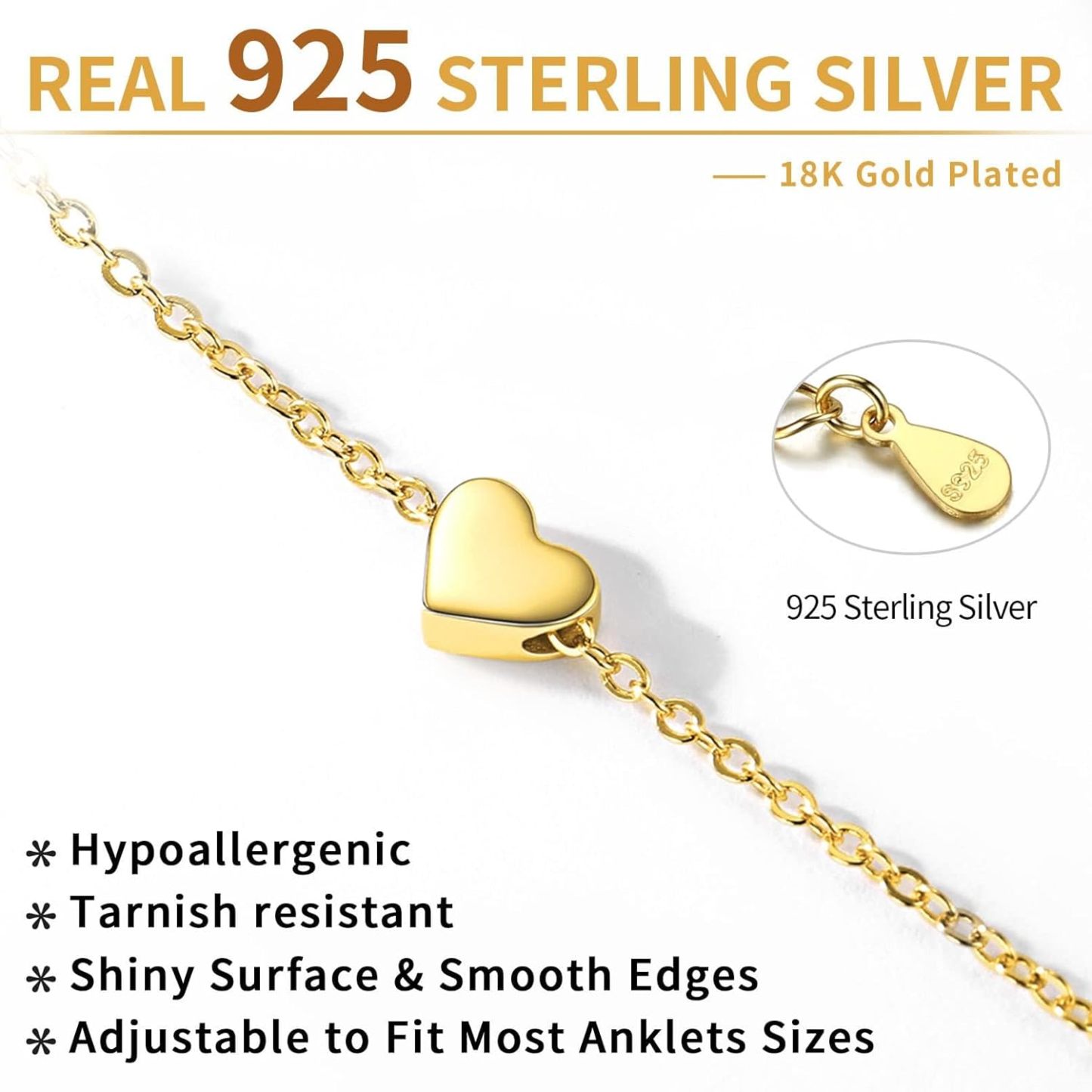 Gold Dainty Heart Anklet for Women, sterling silver jewlery, heart jewelry, sterling silver anklet, gift idea
