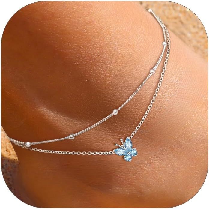 Adjustable Layered Butterfly Birthstone Anklet