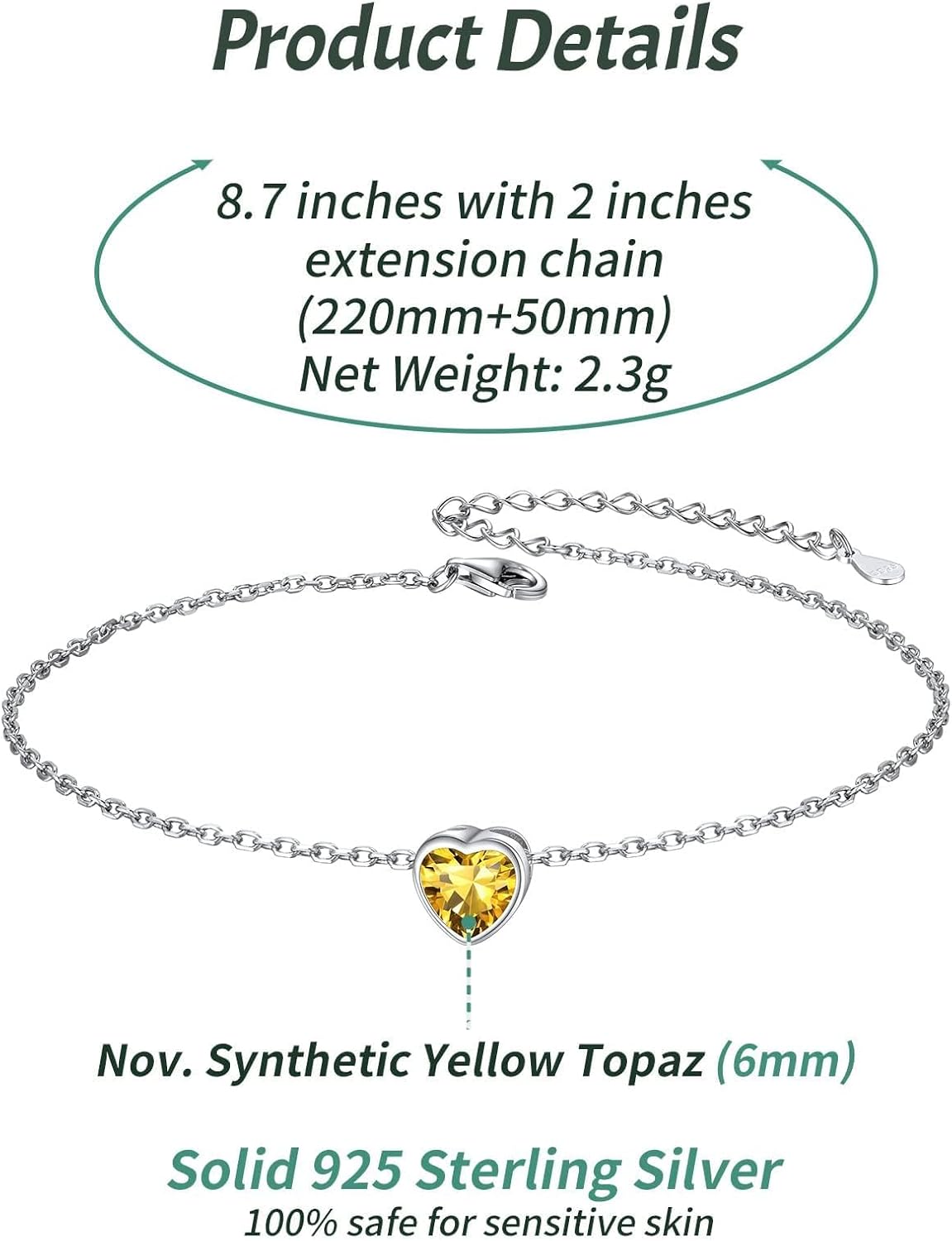 Bride Heart Birthstone Wedding Anklets Details: Dimensions, Hypoallergenic, Lobster-Claw-Clasps