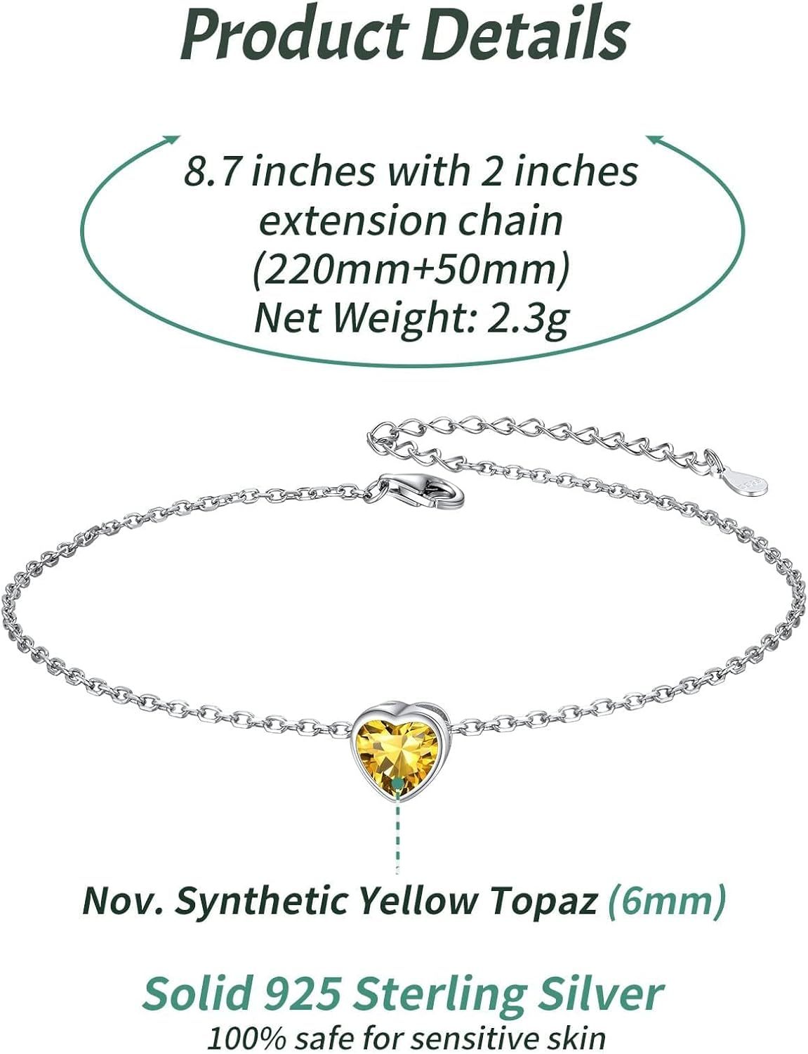 Bride Heart Birthstone Wedding Anklets Details: Dimensions, Hypoallergenic, Lobster-Claw-Clasps