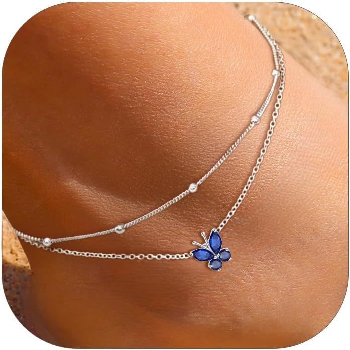 Adjustable Layered Butterfly Birthstone Anklet