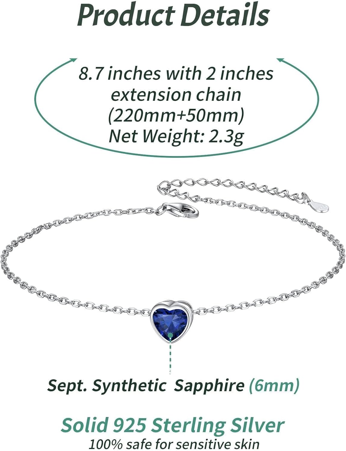 Bride Heart Birthstone Wedding Anklets Details: Dimensions, Hypoallergenic, Lobster-Claw-Clasps