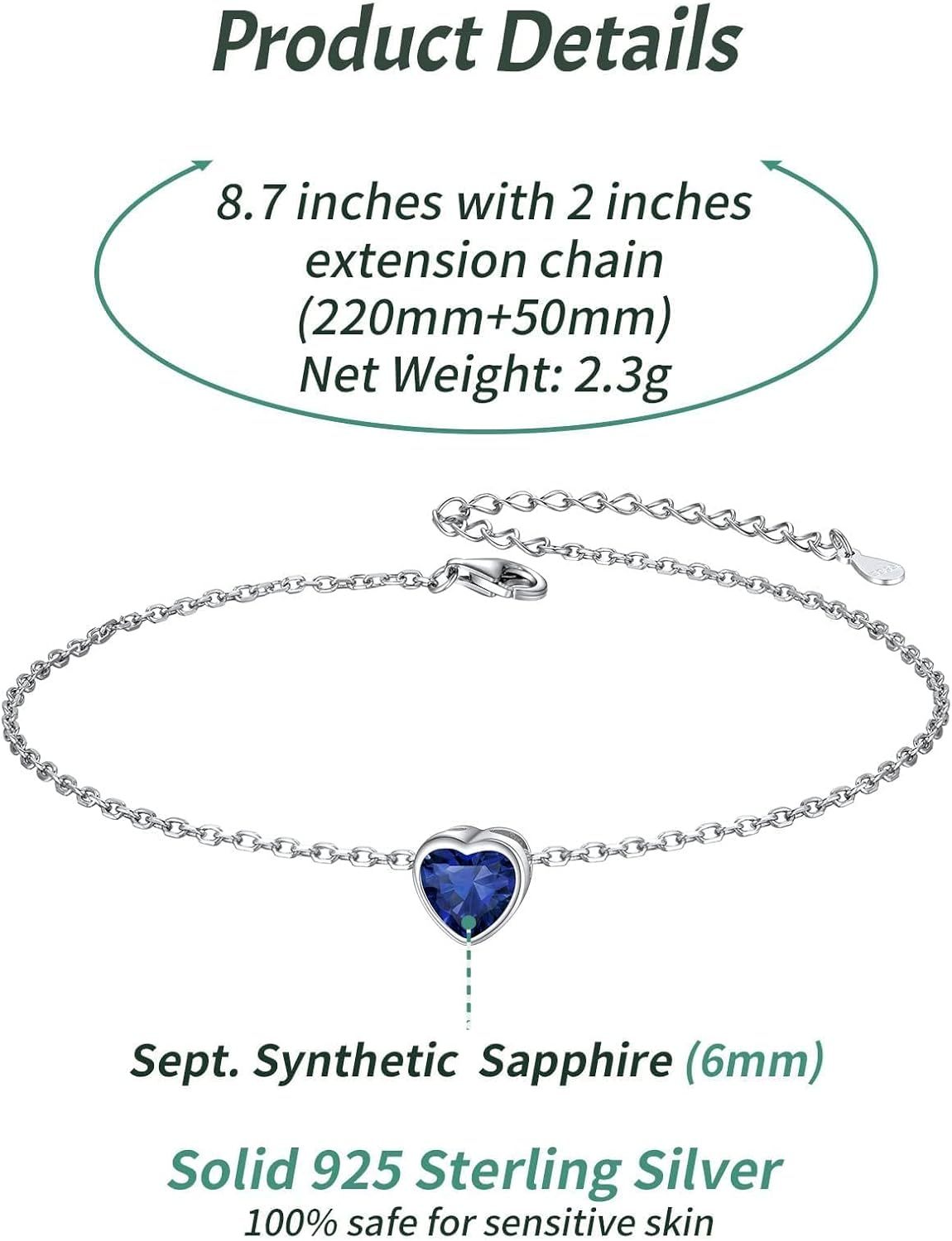 Bride Heart Birthstone Wedding Anklets Details: Dimensions, Hypoallergenic, Lobster-Claw-Clasps