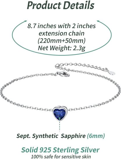Bride Heart Birthstone Wedding Anklets Details: Dimensions, Hypoallergenic, Lobster-Claw-Clasps
