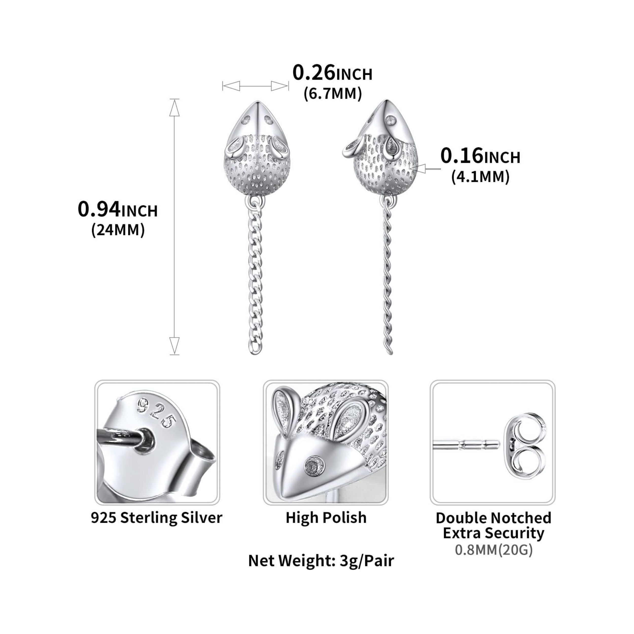 Cute Mouse Stud Earrings Details: Dimensions, Hypoallergenic, Push Back Finding