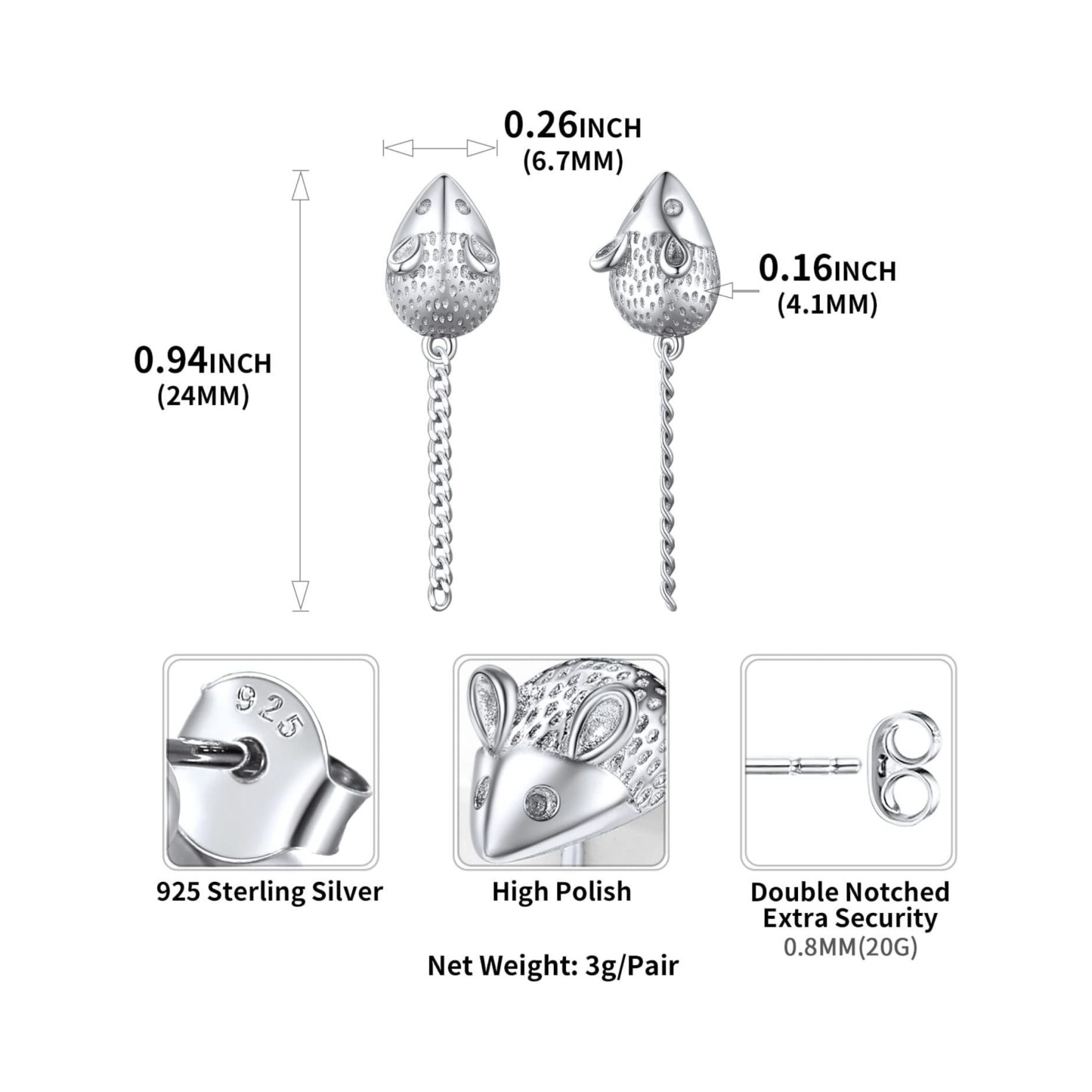 Cute Mouse Stud Earrings Details: Dimensions, Hypoallergenic, Push Back Finding