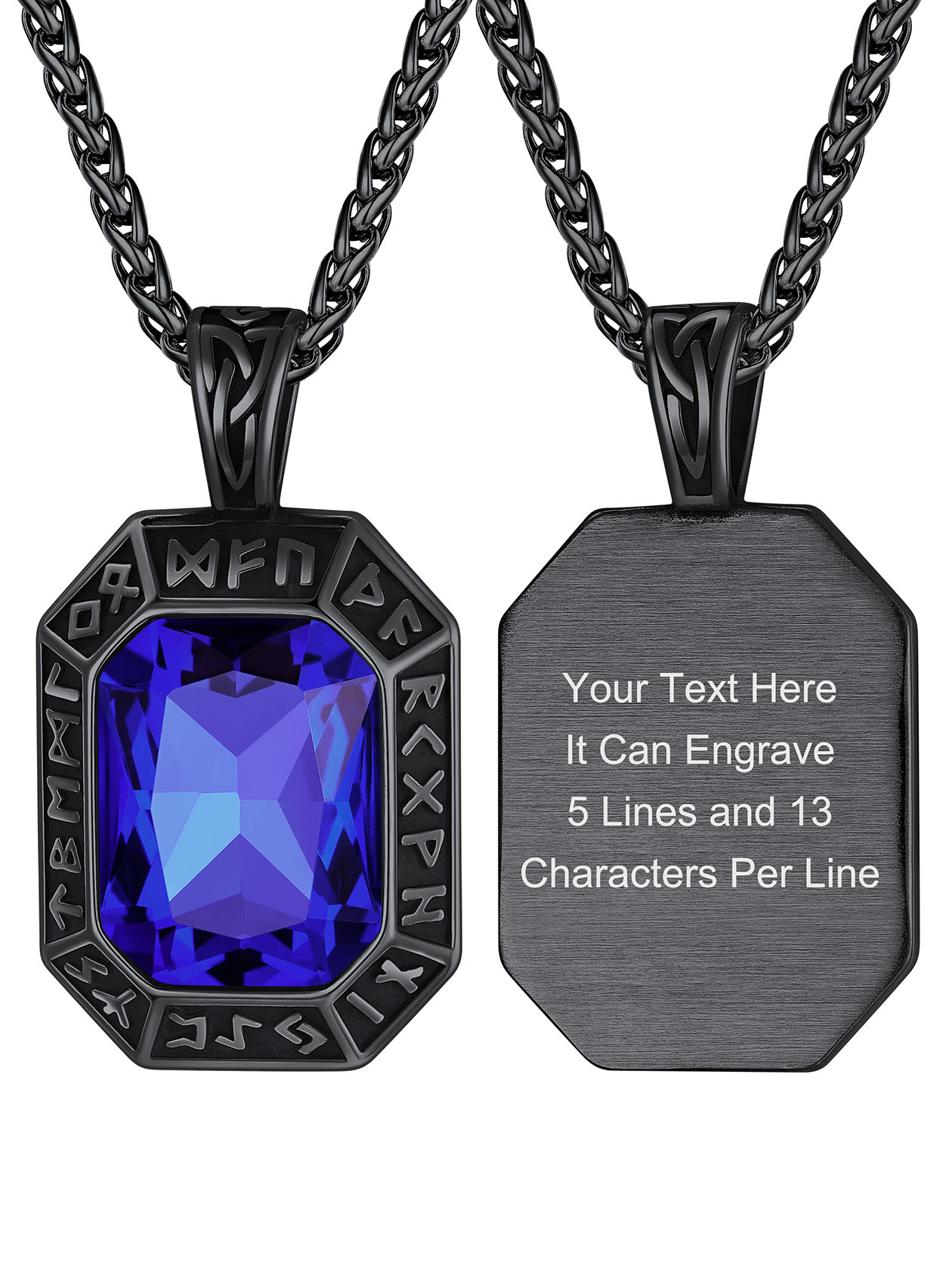 Engraved Gemstone Dog Tag Necklace with Viking Runes For Men