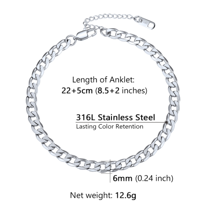 6mm Stainless Steel Cuban Chain Anklet Details-Anklet Width, Length, Weight