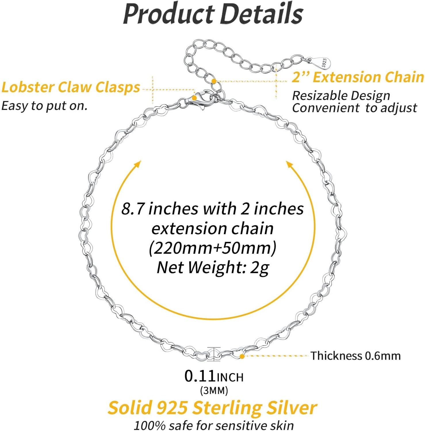 Heart Link Chain Anklets Details: Dimensions, Hypoallergenic, Lobster-Claw-Clasps