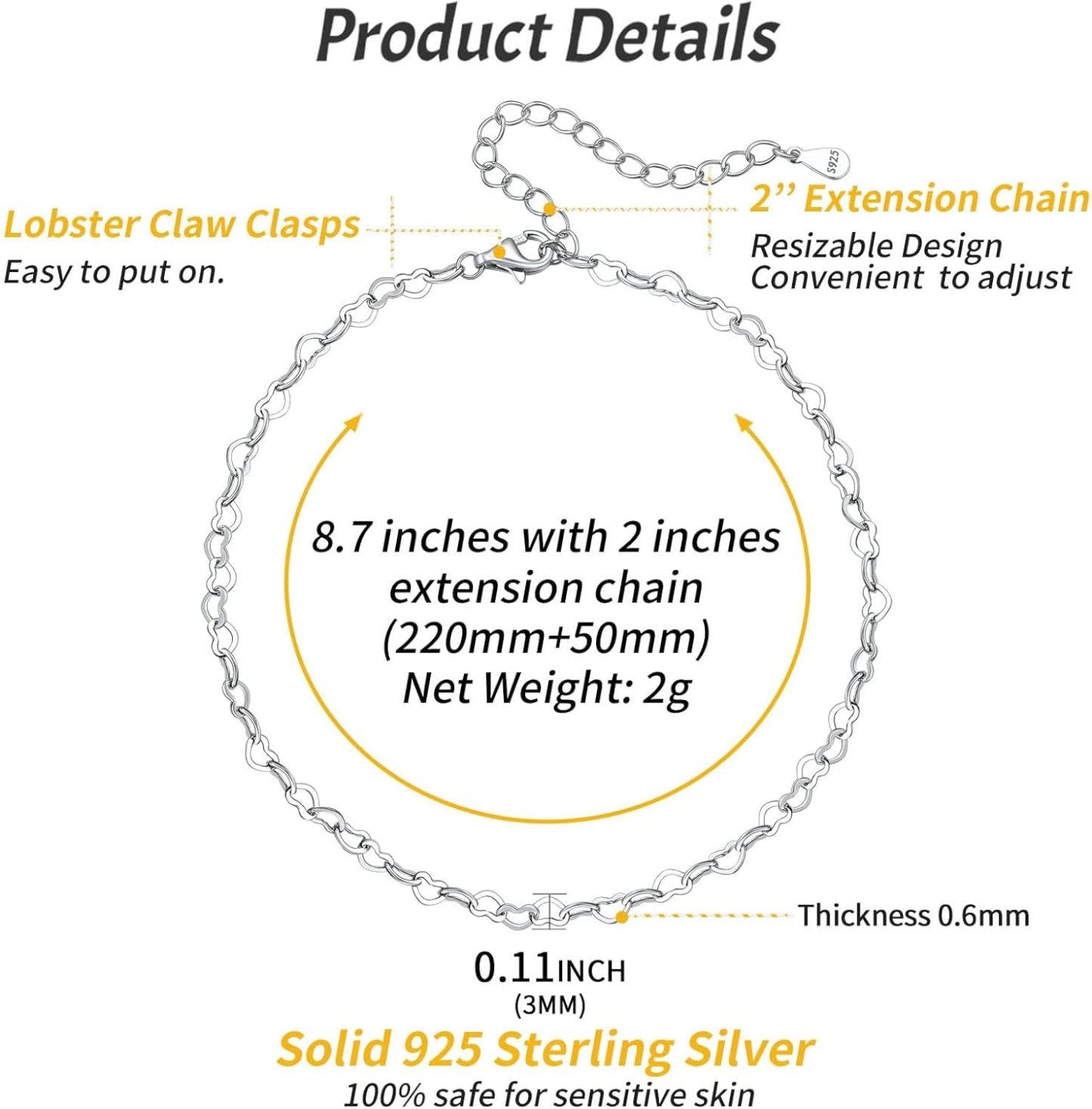 Heart Link Chain Anklets Details: Dimensions, Hypoallergenic, Lobster-Claw-Clasps
