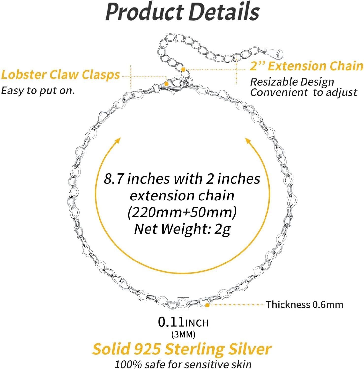 Heart Link Chain Anklets Details: Dimensions, Hypoallergenic, Lobster-Claw-Clasps