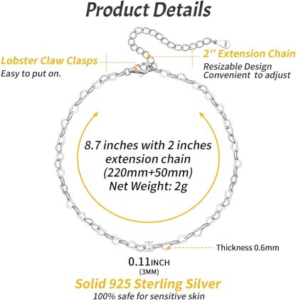 Heart Link Chain Anklets Details: Dimensions, Hypoallergenic, Lobster-Claw-Clasps