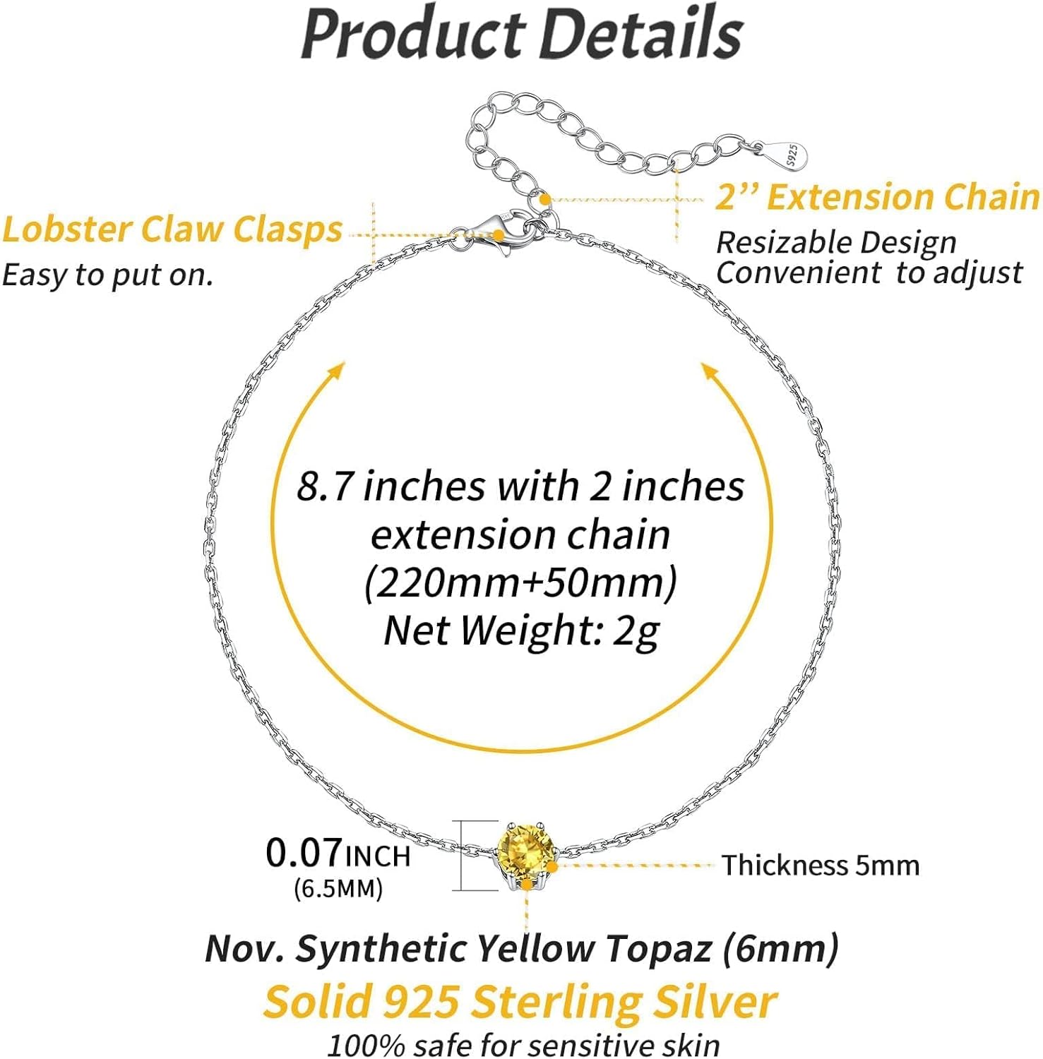 Simple Dainty Round Birthstone Ankle Details: Dimensions, Hypoallergenic, Lobster-Claw-Clasps